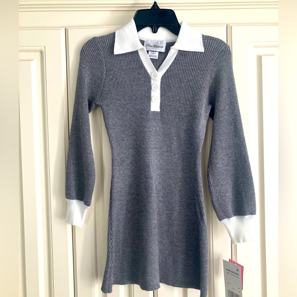 Preppy V Neck Long Sleeved Gray White Knit Dress Rare Editions Girl's Size 7 NWT